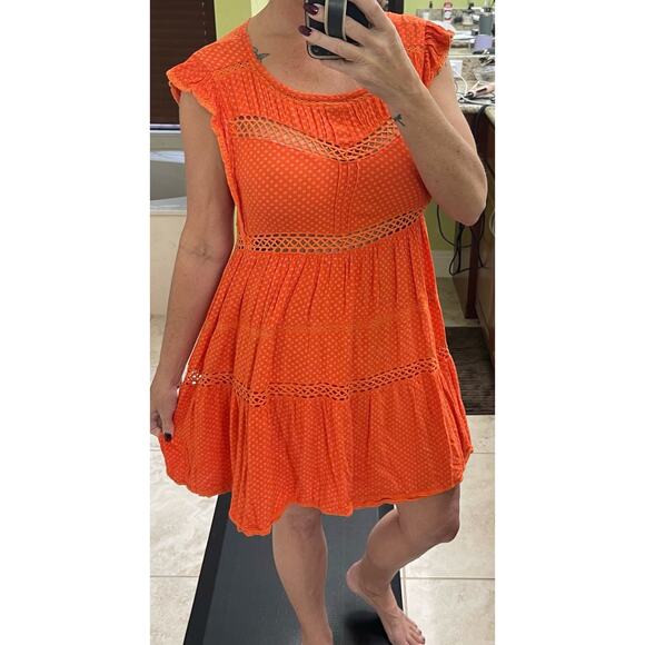 Free People small orange Retro Kitty Crochet Trim Mini Babydoll Tangerine Dress - Picture 4 of 7